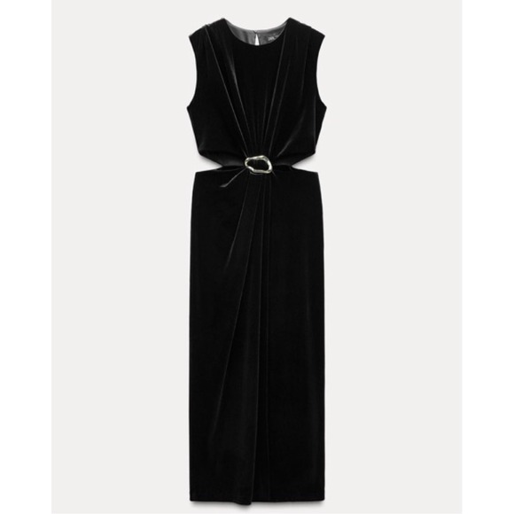 Zara Dresses & Skirts - Zara‎ Cut Out Black Velvet Midi Dress Size Small